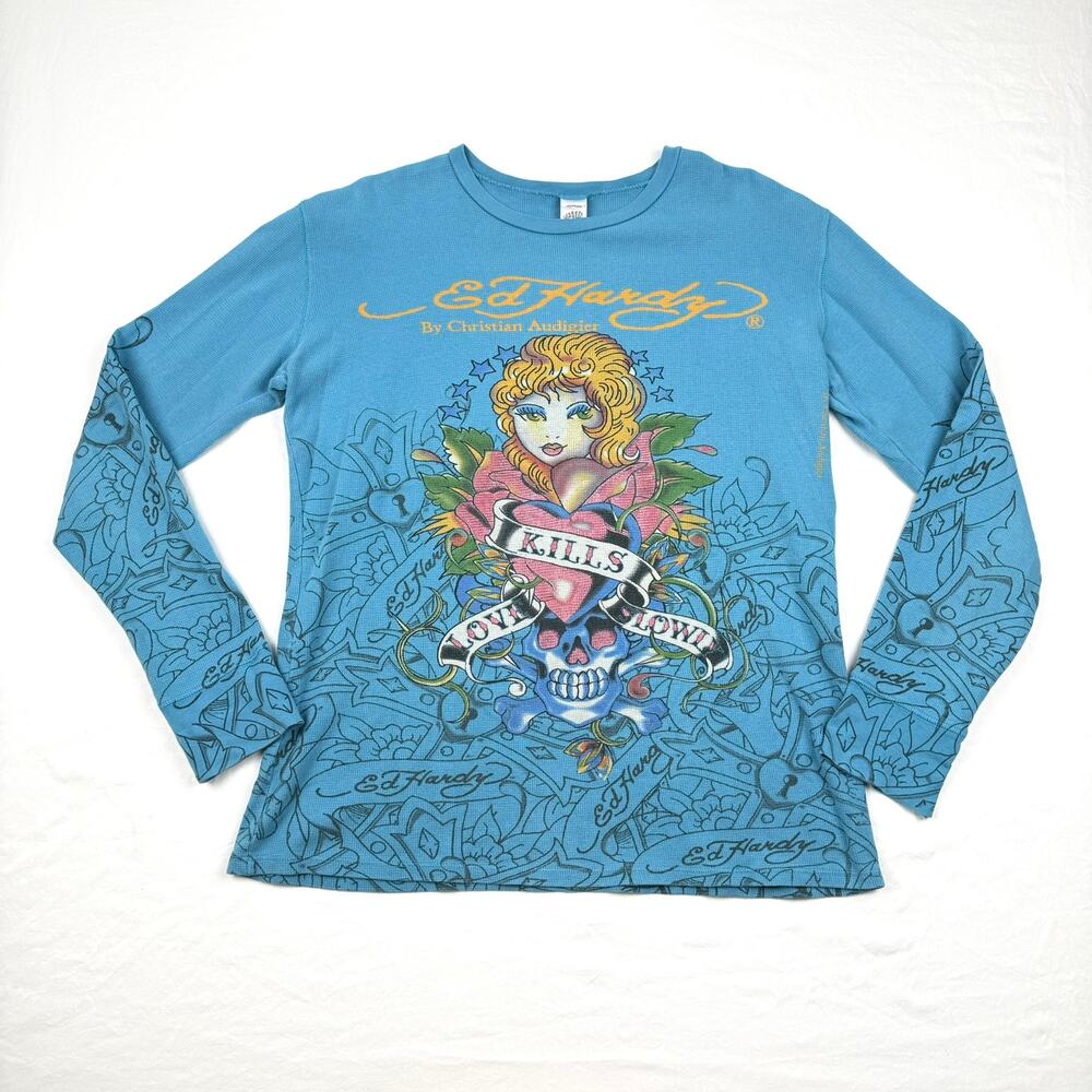 Vintage Ed Hardy Love Kills Slowly Thermal Long Sleeve Tee Y2K Blue Made in USA